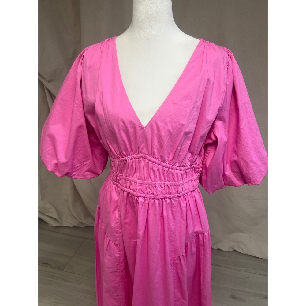 Boho Old Navy Midi Dress Pink Puff Sleeve Smocked Waist Sz M Barbiecore NWT Chic - Picture 2 of 8